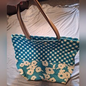 Large Kate Spade Blue Floral and Gingham Tote Bag